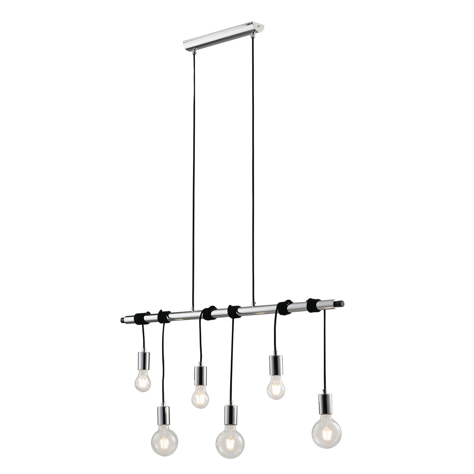 Lampadario a sospensione Admiral con struttura in metallo cromo e cavi in tessuto nero (6XE27) - FT-FeelThe