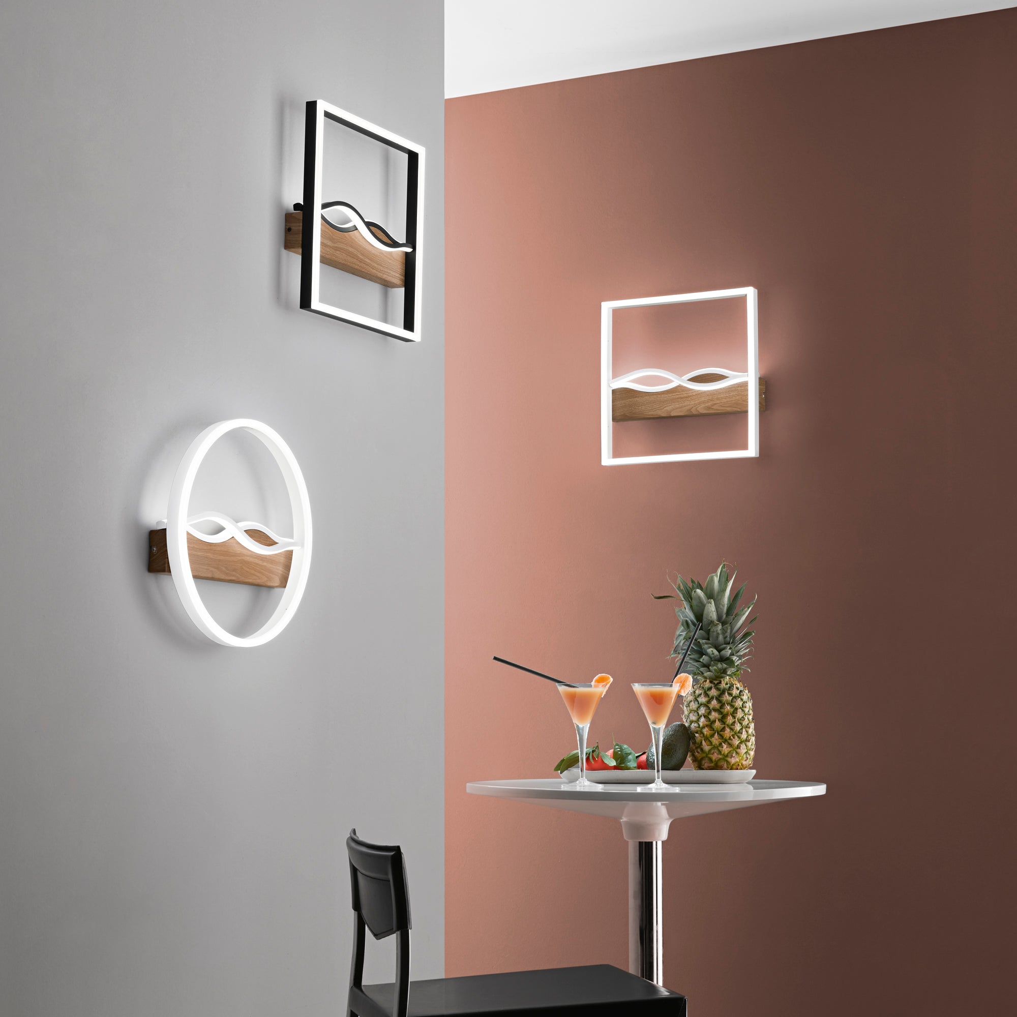 Plafoniera LED HAWAII tonda in metallo con base effetto legno con interruttore CCT - FT-FeelThe