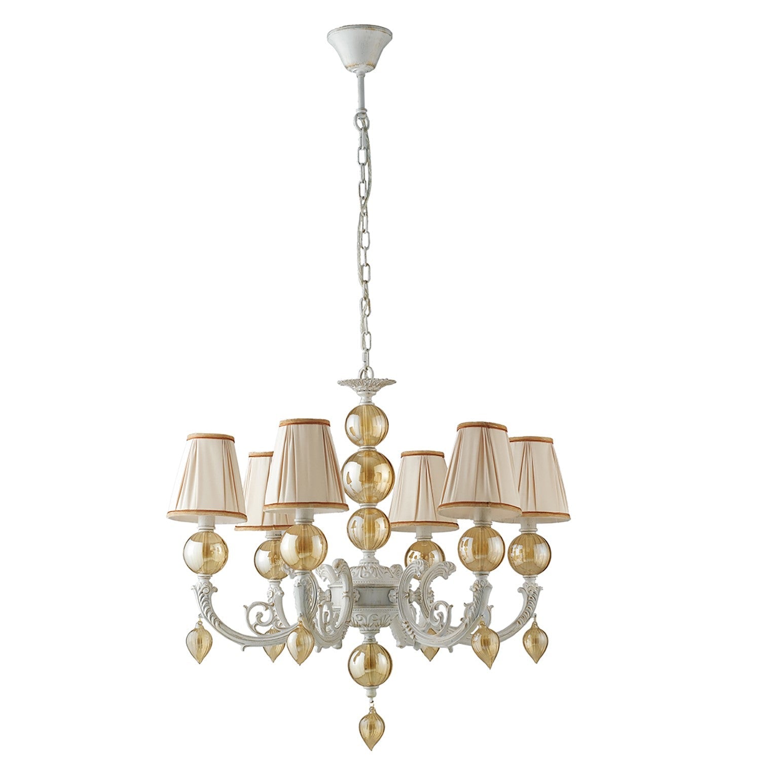 Lampadario a sospensione Orfeo con struttura in metallo bianco e oro e paralume e vetro ambra (6XE14) - FT-FeelThe