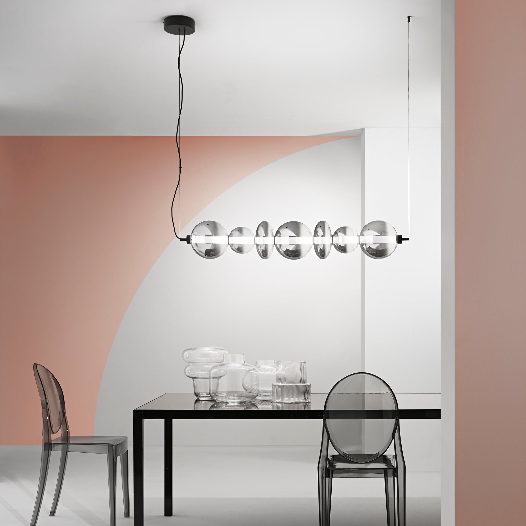 Sospensione LED KEMET in metallo con diffusori in vetro fumè - FT-FeelThe